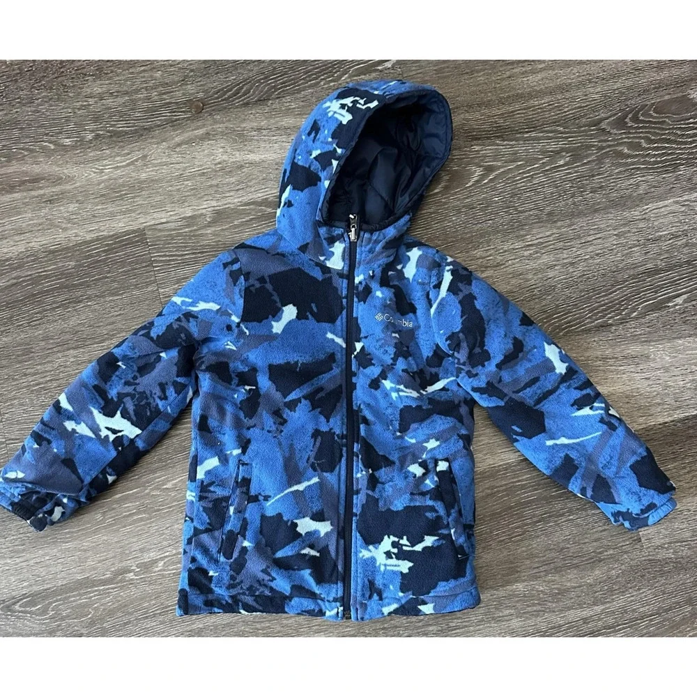 Columbia Reversible Jacket Boys 8 Blue Camo Hooded Fleece Lined Puffer Winter